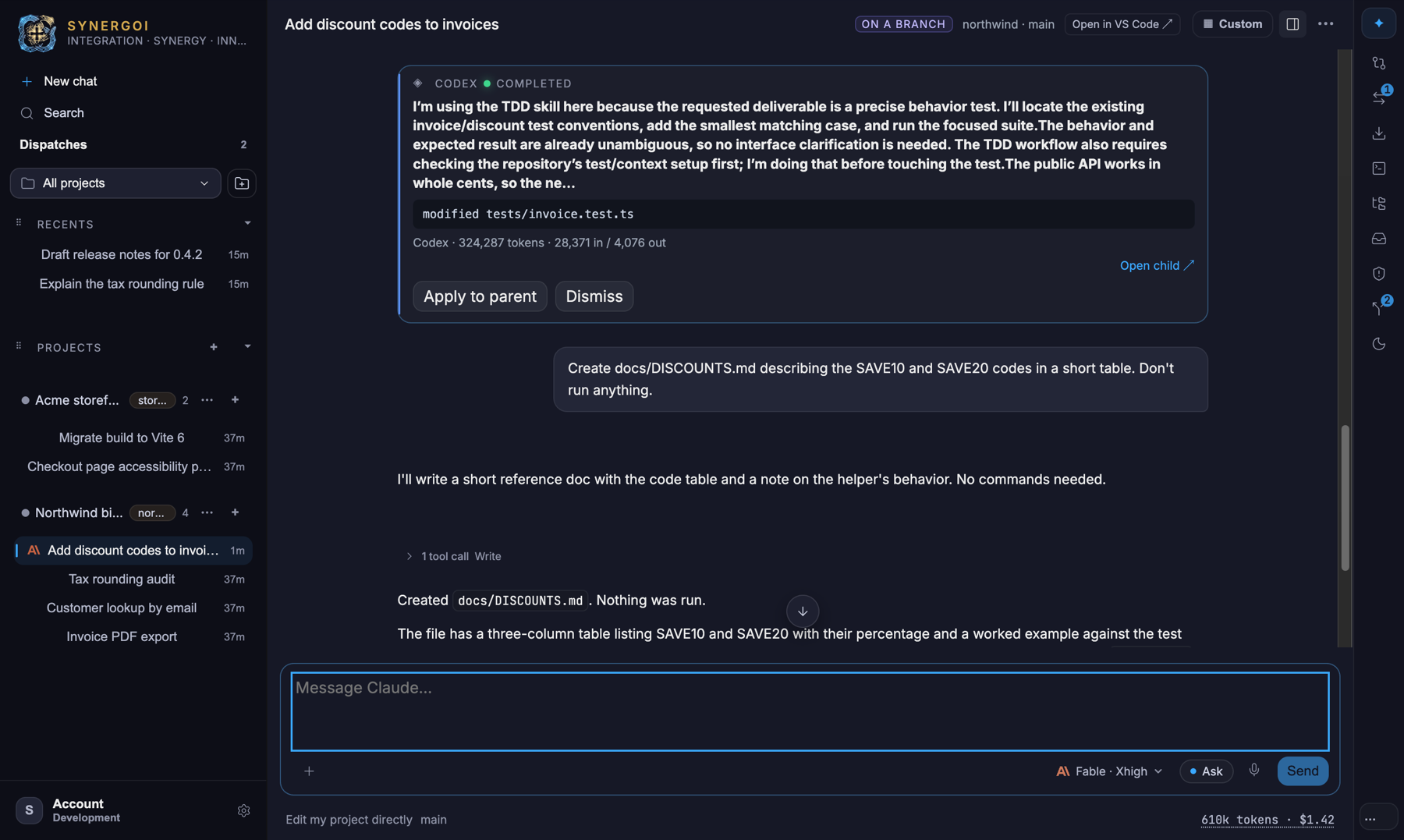 A completed Codex dispatch card inside the parent thread with Apply to parent, Dismiss and Open child