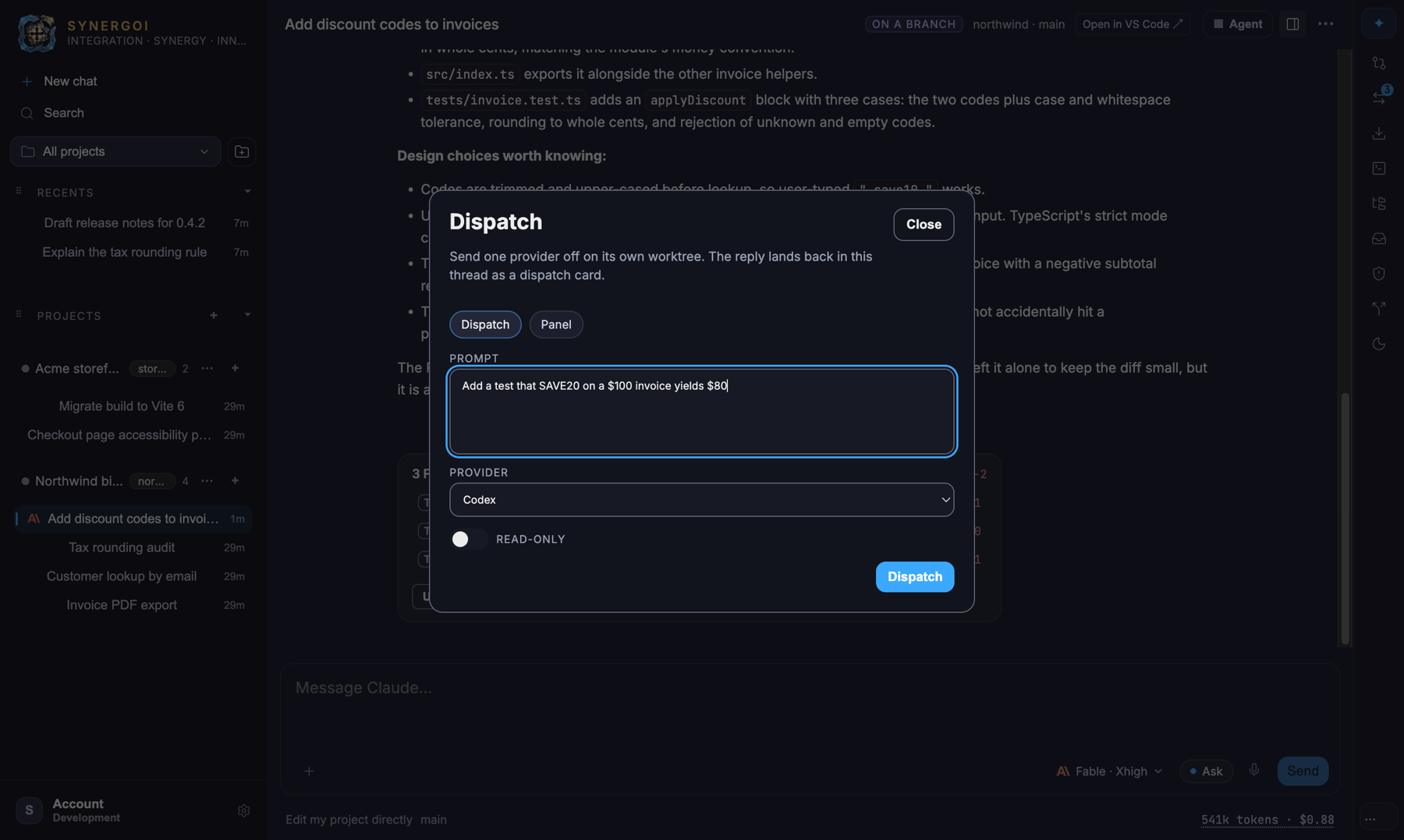 The Dispatch dialog with a prompt, the provider picker set to Codex and a read-only toggle