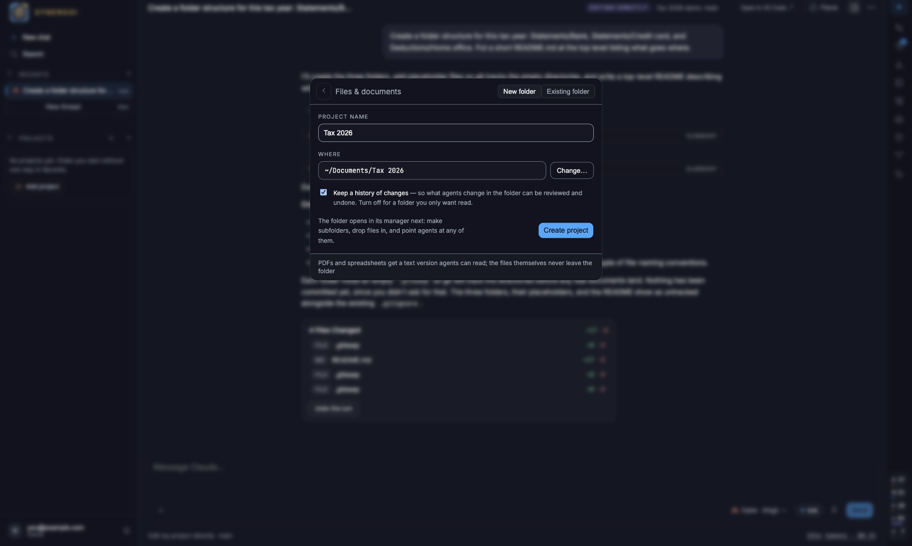 Add project › Files & documents: a project name, where the folder will be made, and the history checkbox