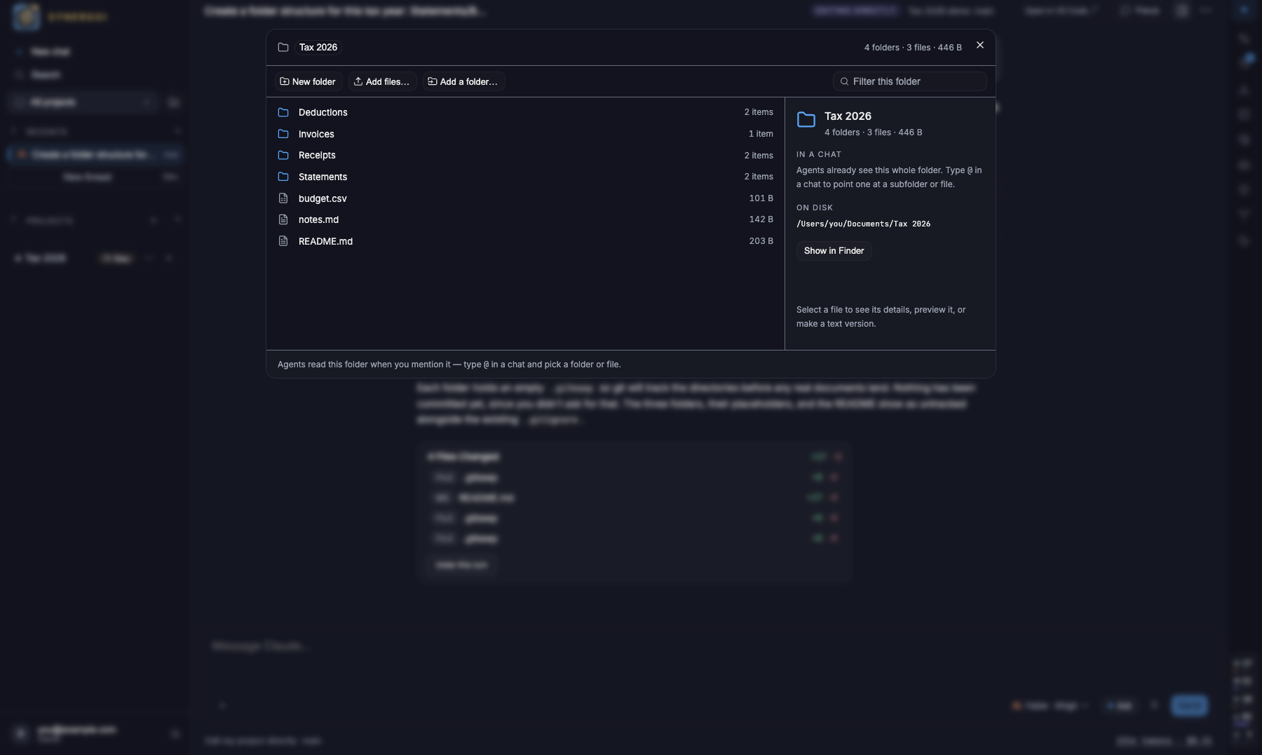 The folder manager for a Tax 2026 project: Deductions, Invoices, Receipts and Statements folders with item counts, three files, and a details pane