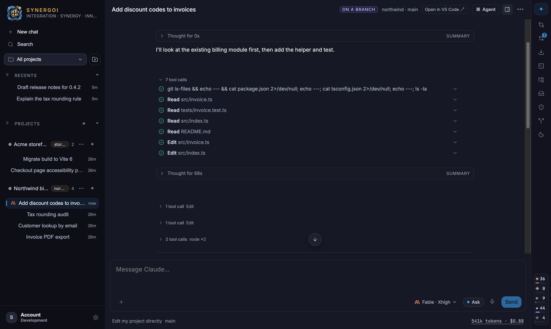 Synergoi with a project open, a thread in the center and the sidebar on the left