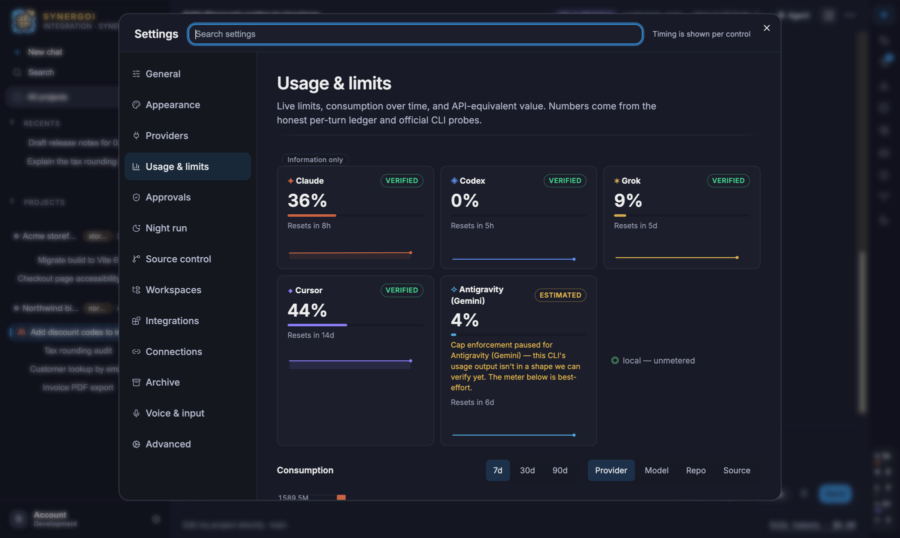 Settings › Usage & limits with caps per provider window